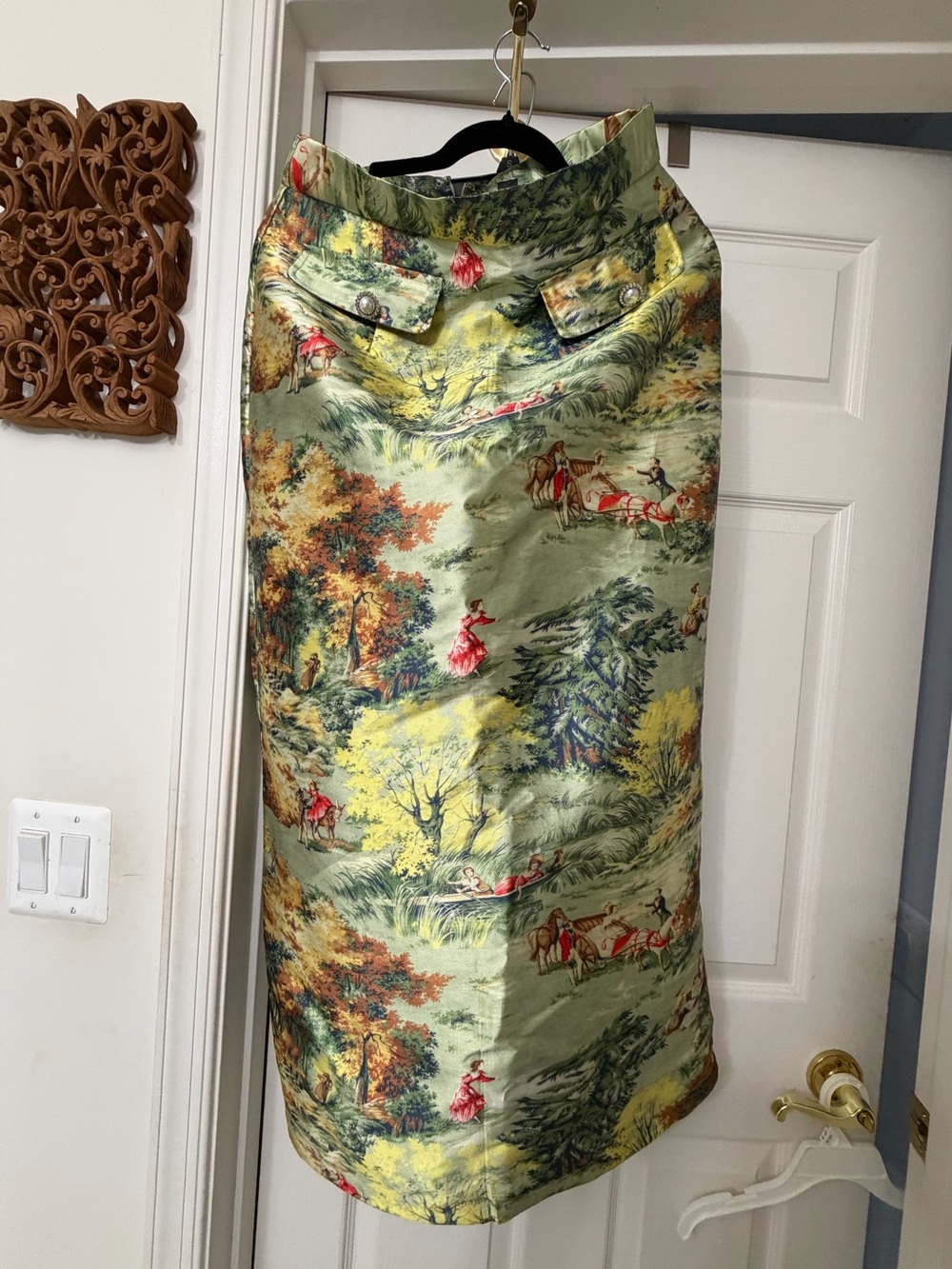 SHEIN X Alice McCall Satin Scenic Print Long Skirt Green L High Rise Lined